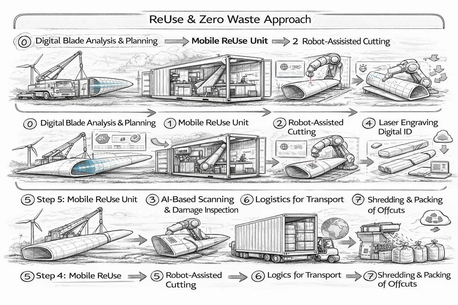 CircularBlades Zero Waste Prozess: Digitale Analyse, mobile Zuschnitt-Einheit, Roboter-Zuschnitt, KI-Scanning, Laser-Gravur, Logistik und Verwertung von Reststoffen